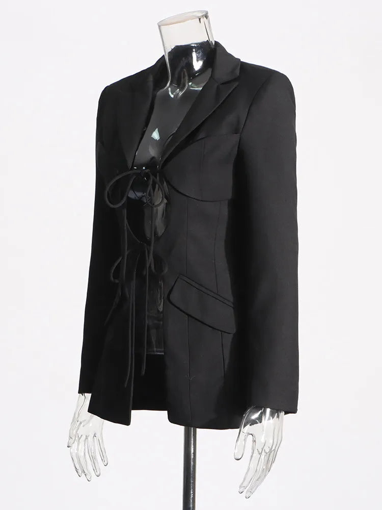 TWOTWINSTYLE Patchwork Lace Up Hohl-Blazer für Damen mit gekerbtem Kragen, langen Ärmeln, Tunika, Designer-Blazer, weibliche Mode Neu
