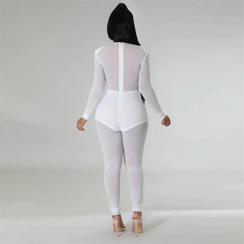 Sexy Mesh Patchwork Transparenter Club-Bodycon-Jumpsuit für Damen, durchsichtiger Einteiler-Overall, Clubwear, Party-, Geburtstagsoutfits