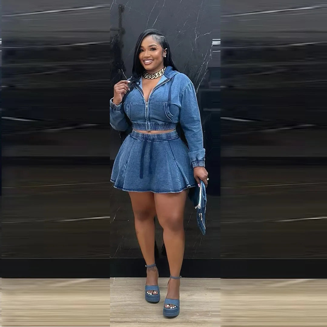 Two Piece Sets Women Denim Skirt Hooded Zipper Tops Short Dress Sets Skirts A Line High Waist Y2k Streetwear Elegant Slim Fit