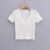 Damen V-Ausschnitt gestricktes Häkel-T-Shirt mit