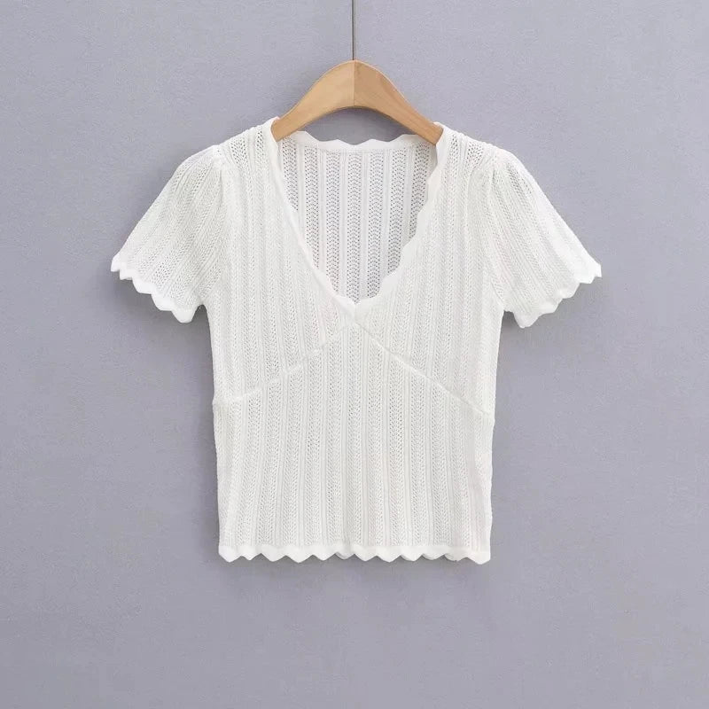 Damen V-Ausschnitt gestricktes Häkel-T-Shirt mit