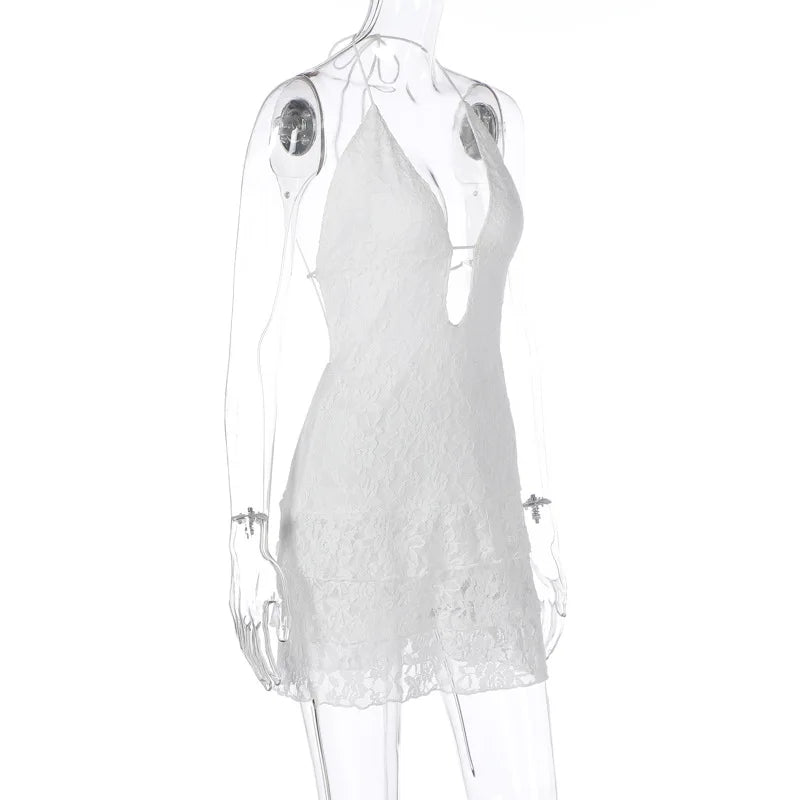 Articat 2024 Sommer Neue sexy Hollow Out Lace Up Hängende Damenkleid Temperament Vestido Kurzer Rock Slim Party Urlaub Strand