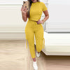 Tight Solid Color Two Piece Set Women Cropped T Shirt Slim Long Pants Pocket Ladies Sets 2025 Spring Summer Sportswear