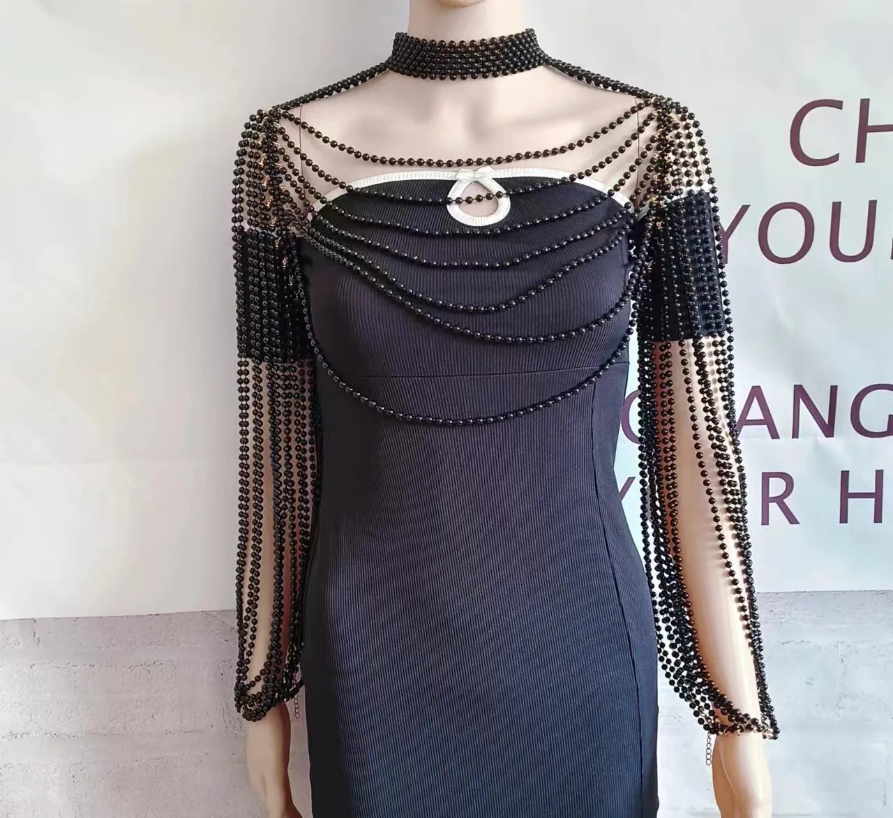 Women Pearl Tank Top Sexy Multiplayer Pearl Tassel Long Sleeve Bra Chains Camisole Necklaces Collar Partywear Crop Tops