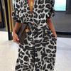 Summer Fashion V-Neck Button Lace-Up Jumpsuit Short Sleeve Loose Playsuit Overalls Women Elegant Leopard Print Pocket Rompers