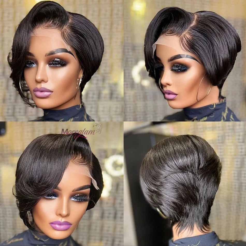 Kurze Bob Perücke Pixie Cut Perücke Glatte Echthaarperücken 13x4 Transparente Lace Front Perücke Für Frauen Highlight Glatte Pixie Cut Perücke