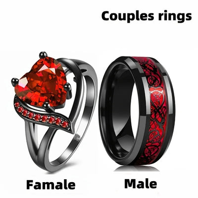 Charm-Paarringe für Herren, Edelstahl, keltischer Drachenring, Herz, roter Zirkon, Damen-Hochzeitsring-Set, Valentinstags-Schmuck