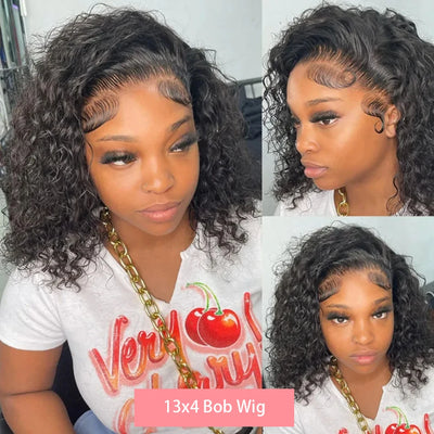 Brasilianische Deep Water Wave Bob Perücke 13x4 Lace Frontale Perücke 100% Echthaar Kurze lockige 4x4 Closure Perücke Vorgezupftes Remy-Haar 14 Zoll