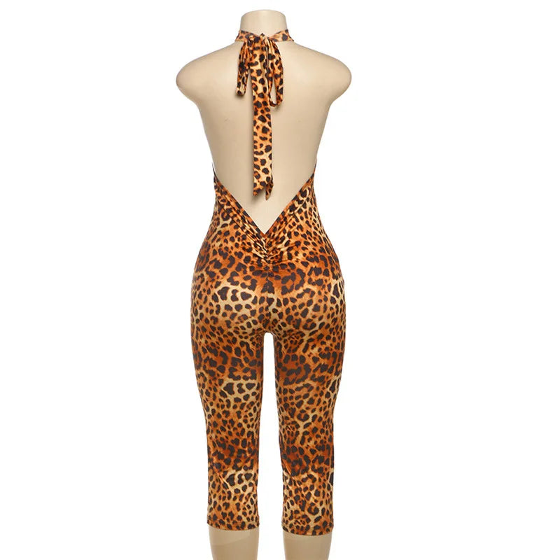 Blumendruck Sommer Caprihosen Jumpsuits Damen Sexy Ärmellose Schnürung Neckholder Rückenfrei Geraffte Peach Hips Slim Rompers