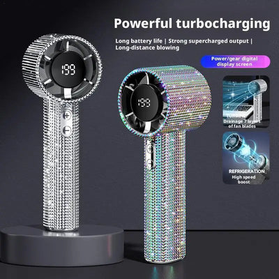 199 Speeds Strong Wind Outdoor Portable Handheld Fan Covered With Diamonds Type-C Rechargeable Outdoor Ice Cooling Fans ﻿