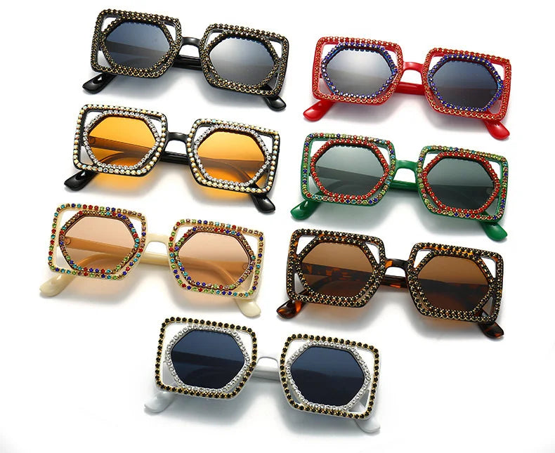 Quadratische Luxus Diamanten Sonnenbrille Damen Punk Mode Strass Sonnenbrille Weiblich Glänzend Sexy Gelbe Linse Brille Schatten Handgemacht
