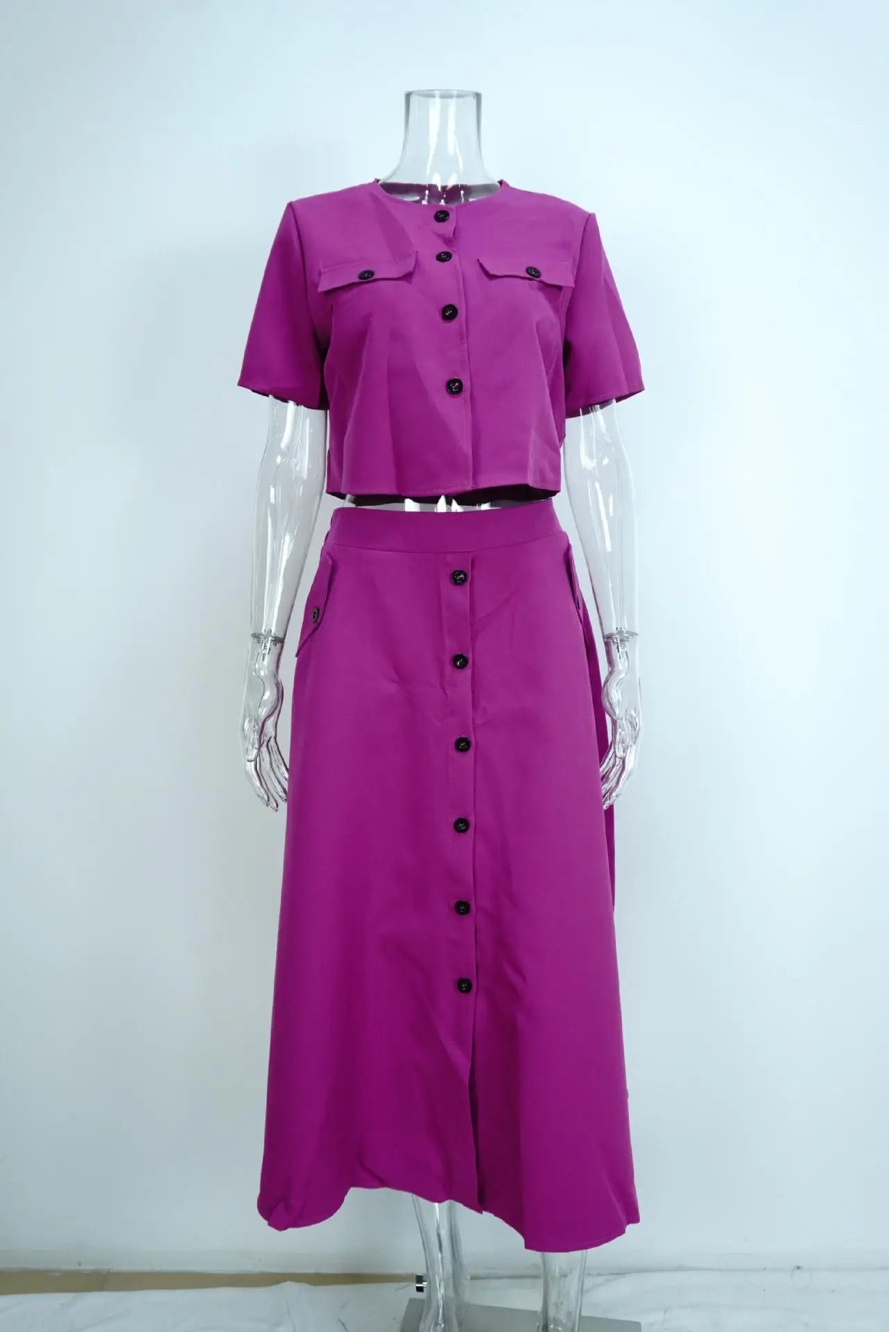 Office Elegant Crop Shirt Skirt Two Piece Sets Women Fashion Short Sleeve Button Shirts Outfits Spring Summer Dress Casual Suit
