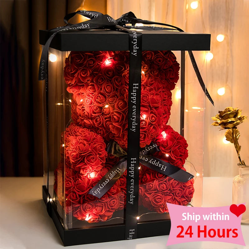 Valentinstagsgeschenke Dekoration Rosenbär Künstliche Blume mit Box Lichter Teddybär für Frauen Freundin Geburtstagsgeschenk Liebesblume