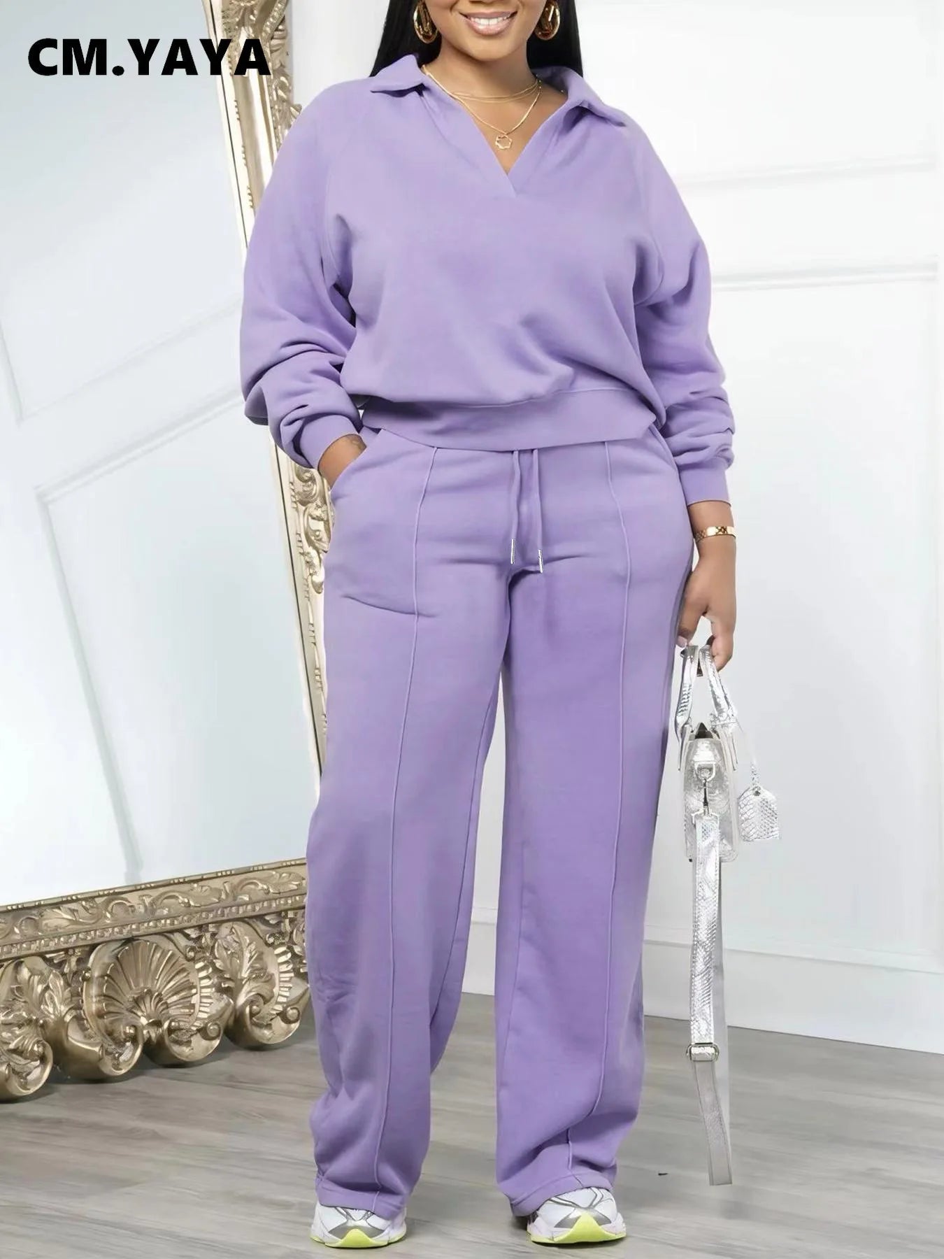 CM.YAYA Fashion Striped Women's Set V-neck Long Sleeve Sweatshirt and SweatPants Tracksuit 2025 Winter Two 2 Piece Set Outfit