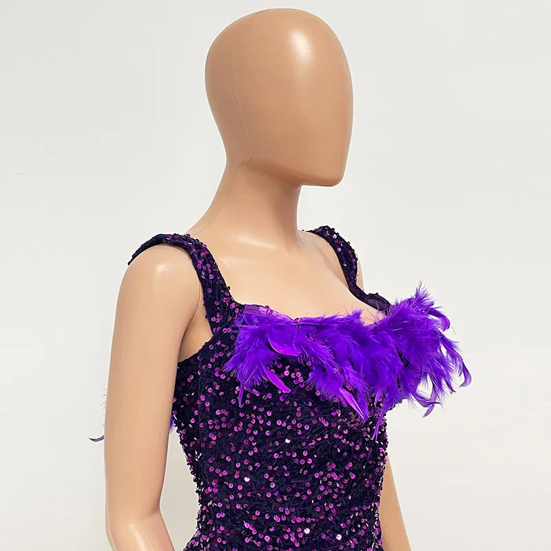 Damen Partykleid Ärmellos Glänzende Pailletten Feder Abendkleid Sexy schulterfrei rückenfrei Mini Formelle Ballkleider HXY8
