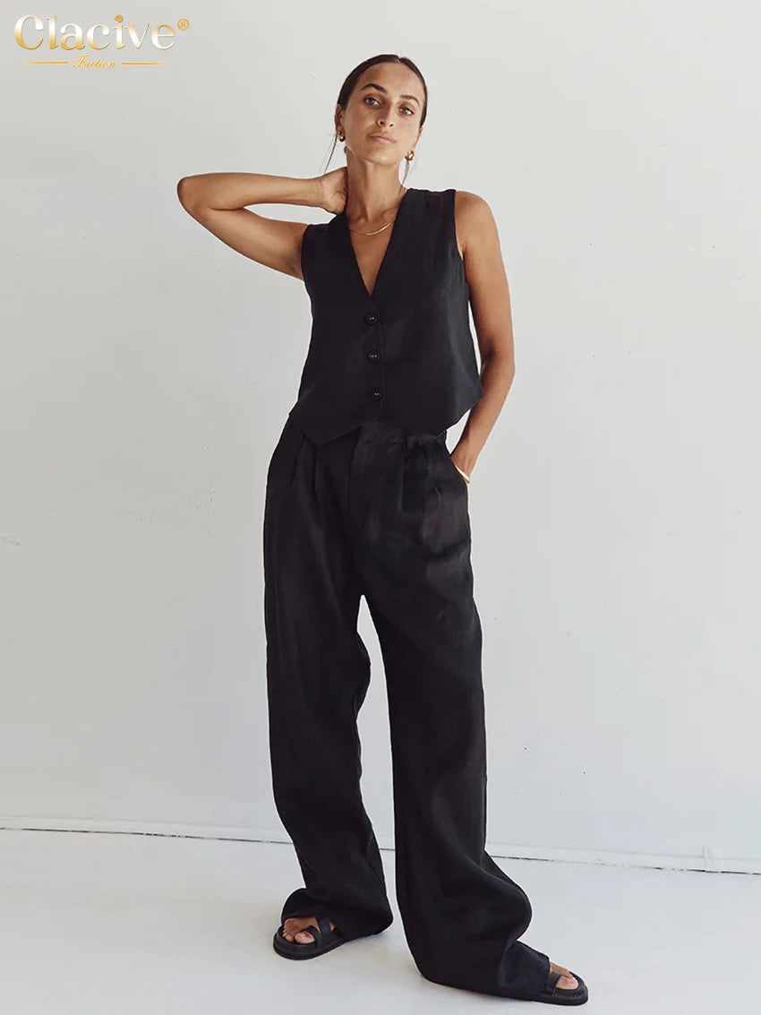 Clacive Summer White Linen Two Piece Set For Women 2023 Fashion Sleeveless Tank Top New In Matching High Waist Wide Pants Set