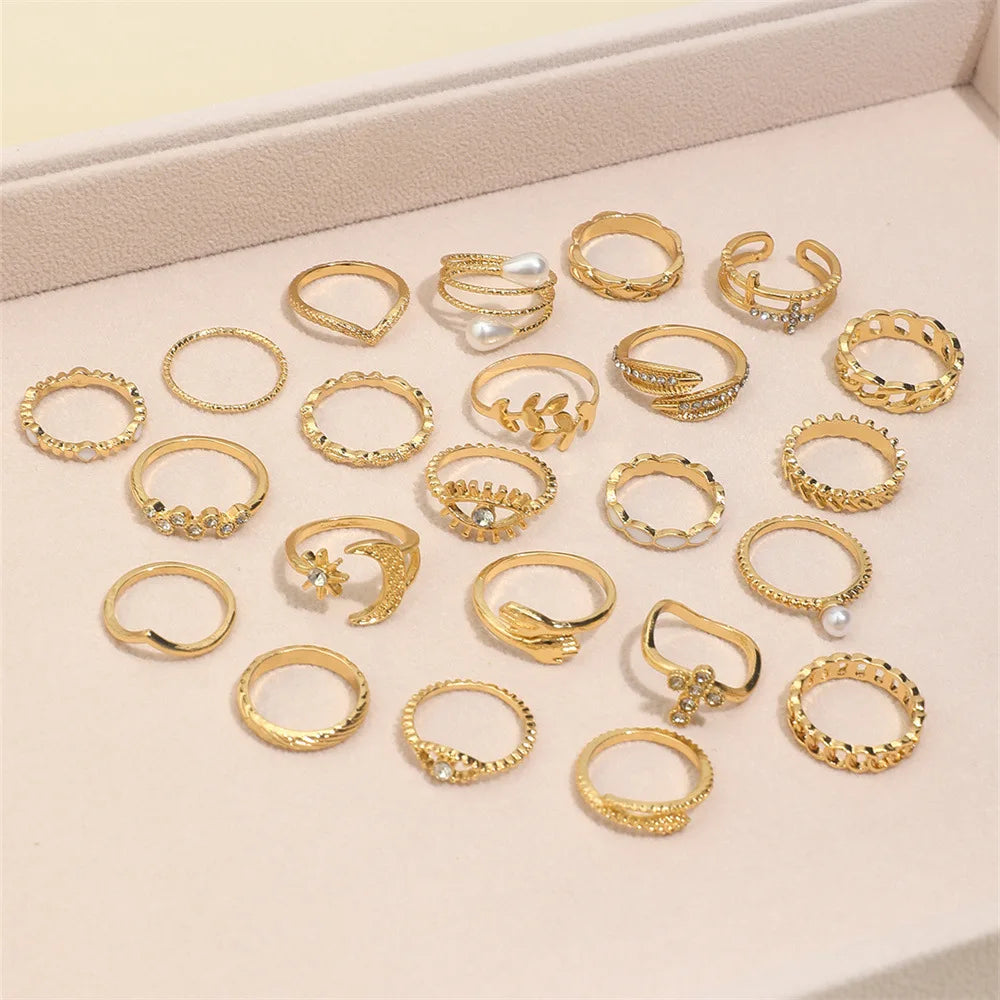 Silver Color Geometric Knuckle Rings Set For Women Eye Cross Sun And Moon Leaf Charm Finger Ring Female Boho Party Jewelry