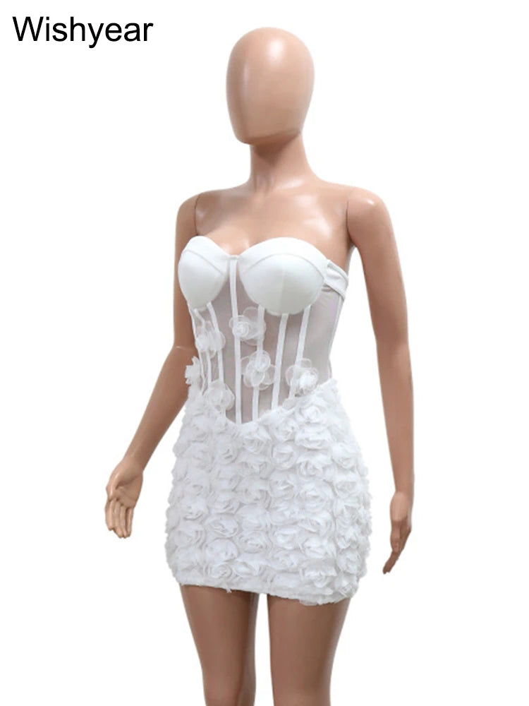 New Sexy Off Shoulder 3D Flower See Through Strapless White Mini Dresses Women‘s Elegant Birthday Evening Guest Party Prom Robe