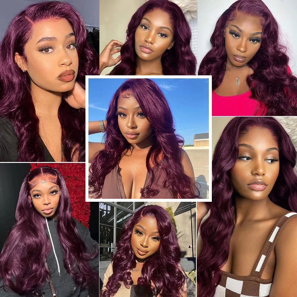 Dark Purple Body Wave Lace Front Wigs Synthetic Deep Burgundy 13x4 Lace Front Wigs Grape Purple Glueless Wigs 180% Density Women