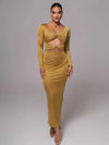 Mozision hollow out long sleeve sexy maxi dress for women fashion solid V neck back split bodycon club long dress elegant