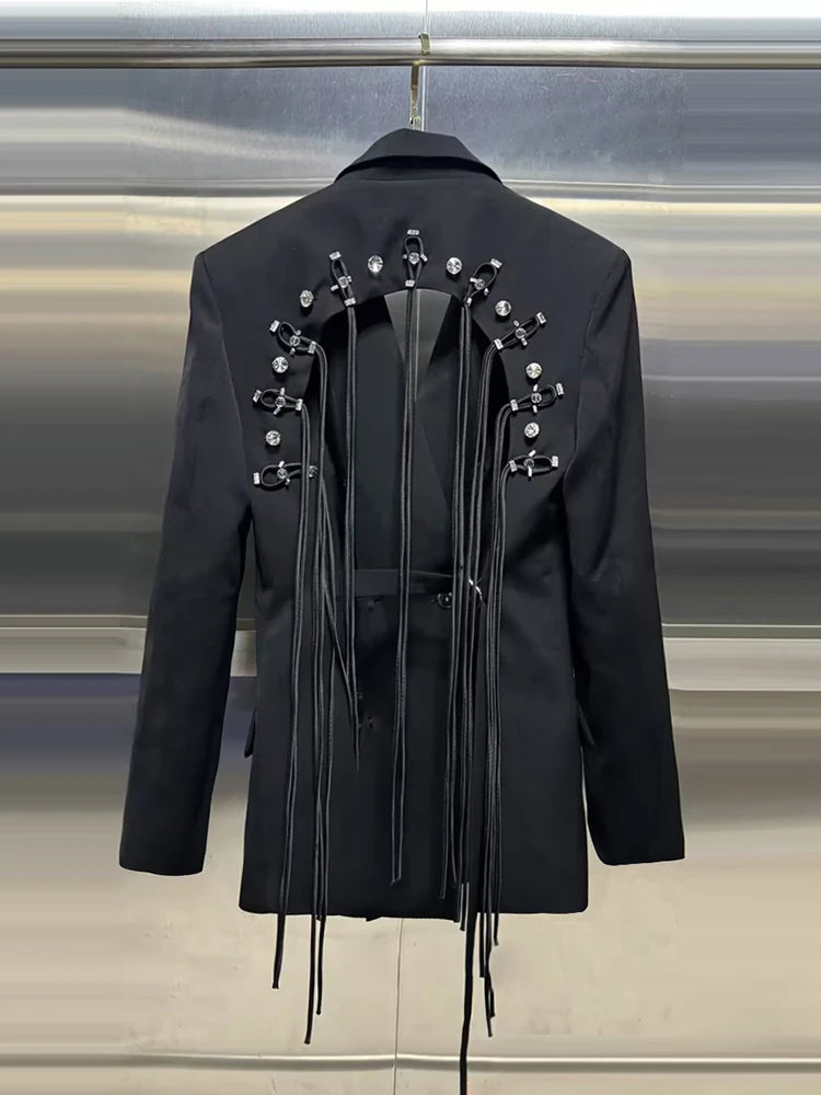 VGH Minimalistische Patchwork-Blazer mit Kordelzug für Damen, Revers, lange Ärmel, rückenfrei, ausgeschnittener Blazer im weiblichen Stil