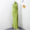 Elegant Ribbon Halter Dress Women Solid Off Shoulder Sleeveless Backless Slim Maxi Dresses 2025 Summer Autumn Party Robes Lady