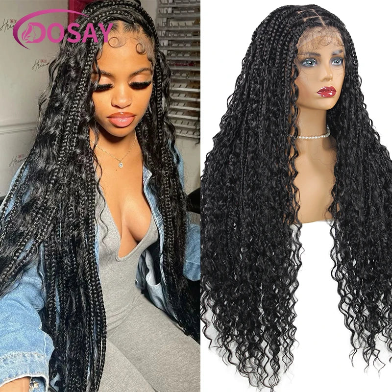 Boho Box Braided Wigs, gelocktes Kunsthaar, volle Lace-Front-Perücken für schwarze Frauen, Goddess Locs Braid Wig, Bohemian Box Braid Wig