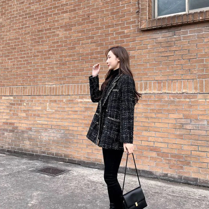 Tweed-Karo Anzugjacke Damen Oberbekleidung Lockerer Mittellanger Zweireihiger Freizeit-Wollblazer Top 2024 Frühling Herbst Neuer Schicker Anzug