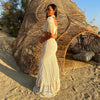 Sexy White Lace Women Dress Turtleneck Tassel Sleeve Slim Naked Waist Hollow Out Long Dress Summer Beach Female Knit Robe