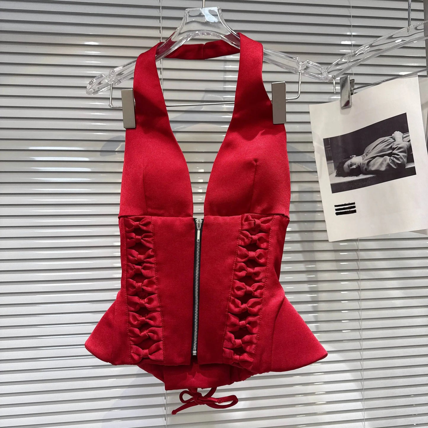 DEAT 2026 Summer New Sexy Hot Girl V-neck Backless Bandage Bowknot Fishbone Halter Top Red Mini Skirt For Women 11B1198