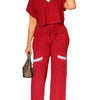 Elegant Women's Casual Short Sleeve T-shirt Sports Suit Summer Fashion Solid V Neck Short Top & Straight Pants Two Piece Sets