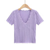 Damen V-Ausschnitt gestricktes Häkel-T-Shirt mit