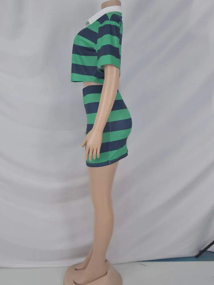 Beyprern Stylish Green Blue Striped Polo Skirt Set Two-Piece Dress For Women Short Sleeve Striped Tracksuits Set Night Clubwear