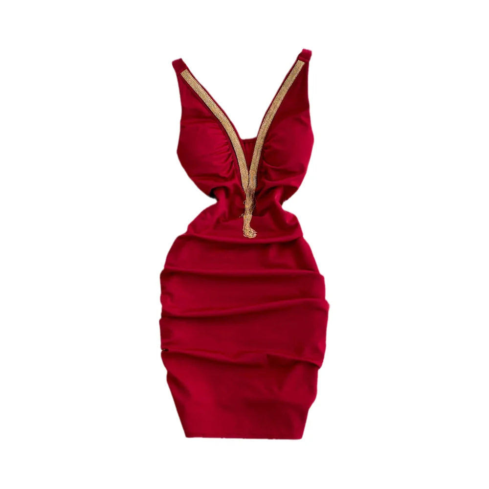 Fashion Bodycon Sexy V-neck Low Cut Mini Short Work Dress Women Backless Irregular Sleeveless Short Hip Wrap Vest Dress OL Red