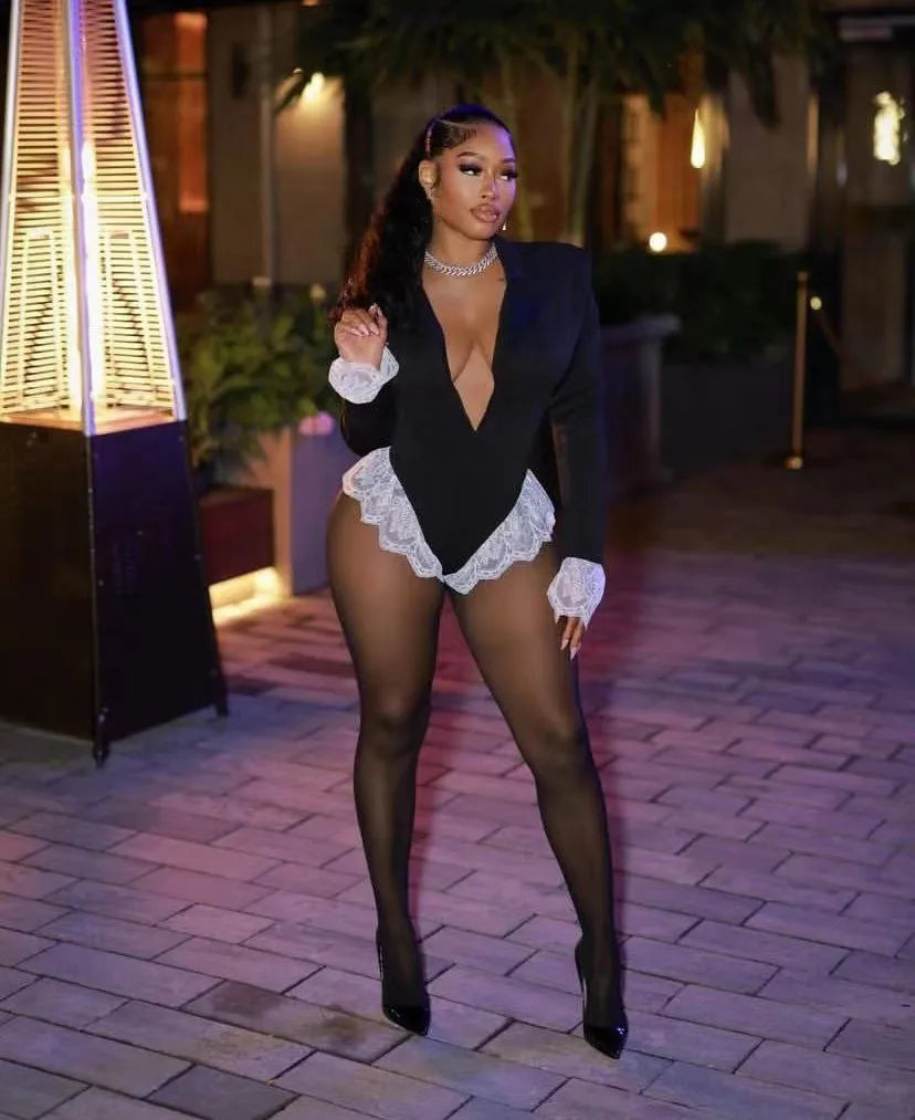 Joskaa Damen Spitze Patchwork Schwarzer Blazer Bodysuit Sexy Tiefer V-Ausschnitt Langarm Einteiler Romper Coquette Midnight Clubwear
