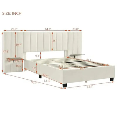 Queen-Size Polsterbett Samt Große Kopfstütze Holzrahmen Schlafzimmer Stauraum Lattenrost Kein Boxspringbett erforderlich