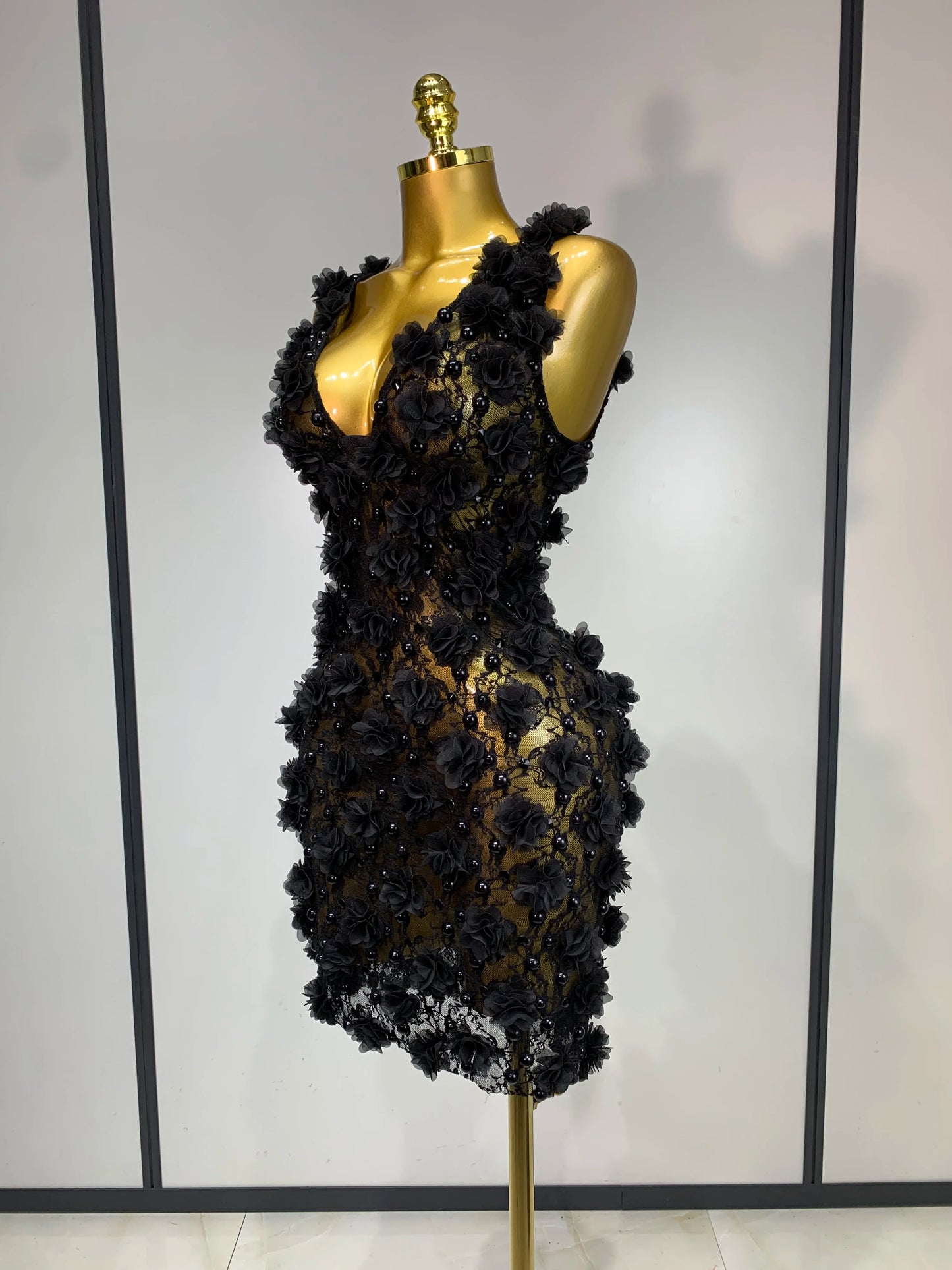Women Luxury Pink Flowers Pearls Lace See Through Bodycon Mini Dress Birthday Photoshoot Evening Party Nightclub Stage Costume