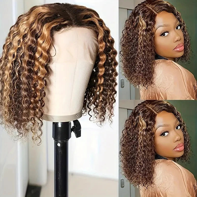 Deep Wave Bob Wig Human Hair Glueless Highlight 5x5 HD Lace Front 220% Density 4/27 Colored Ombre Wear and Go Human Hair Wigs
