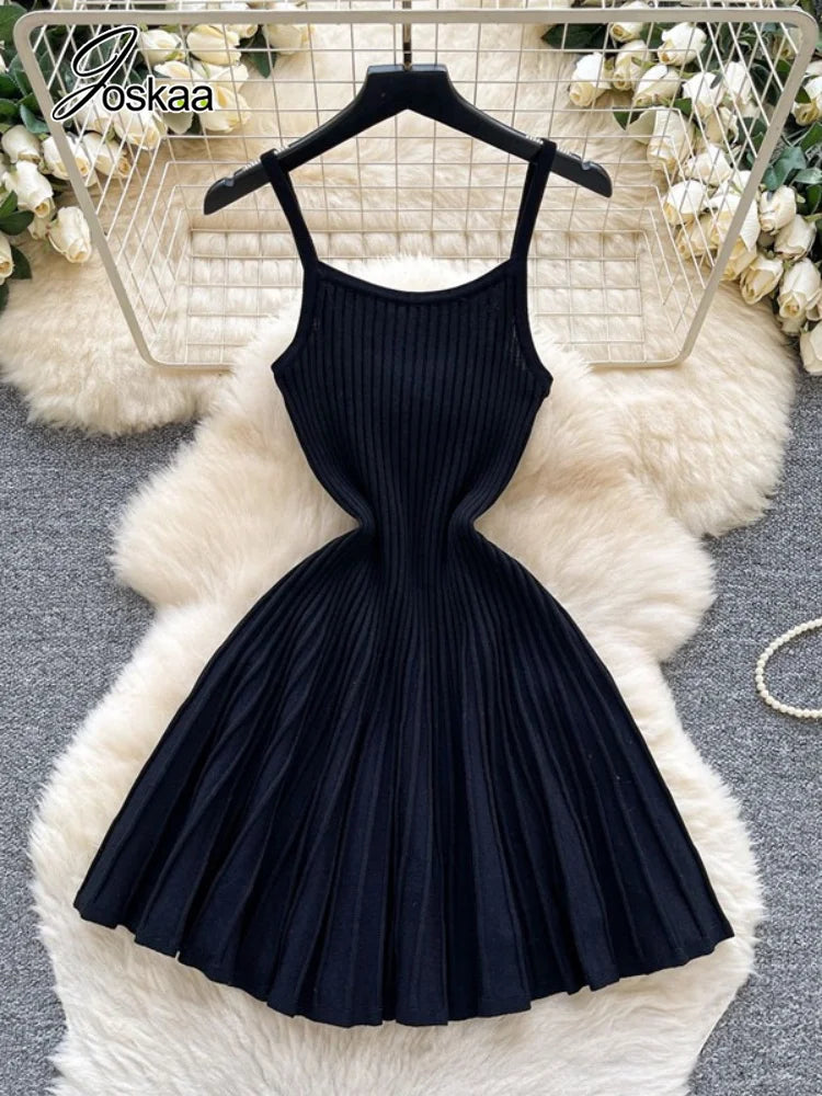 Joskaa 2026 Autumn Retro Striped Knit Dress Women Elegant Pleated Waist Slim Low Cut Sleeveless A-line Slip Dress Streetwear