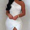 Sommerliches elegantes, unifarbenes Kleid mit hohem Beinschlitz, gerafftes Maxi-Bodenkleid, weißes sexy Korsett, asymmetrische Partykleider für Damen