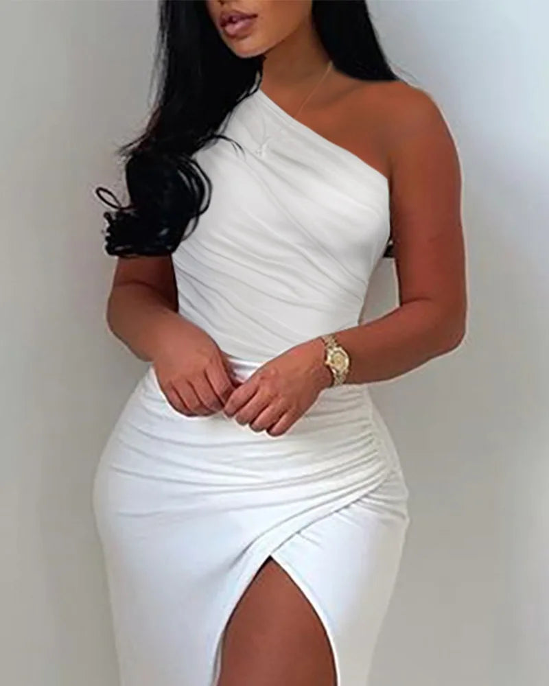 Sommerliches elegantes, unifarbenes Kleid mit hohem Beinschlitz, gerafftes Maxi-Bodenkleid, weißes sexy Korsett, asymmetrische Partykleider für Damen
