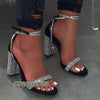 Glänzende goldene Strasssteine Chunky Heels Sandalen Damen Sexy Kreuz Knöchelriemen Silber High Heels Sommer Party Kleiderschuhe Damen Pumps
