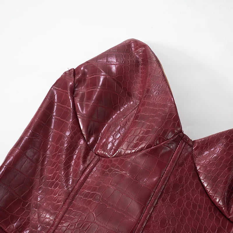 Luxuriöses trägerloses Leder-Kurzkleid Damen ärmellos rückenfrei Sexy Krokodilleder-Muster Partykleider 2025 Abend Rot Braun