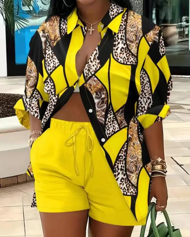 2025 Spring Autumn Casual Woman Sets Fashion Shirt Printed Button Shirt&Shorts Streetwear Shorts Pant Outfit Suit Two Piece Set