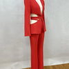 Modphy Red Sexy V-neck Long Sleeve Jacket+High Waist Flare Pants Blazer Set Women'S 2025 New Hollow Out Designer Two-Piece Set