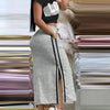 Two Piece Sets Women Outifit 2023 Summer Fashion Print Colorblock O-Neck Short Sleeve Crop Top & Casual Striped Pocket Skirt Set