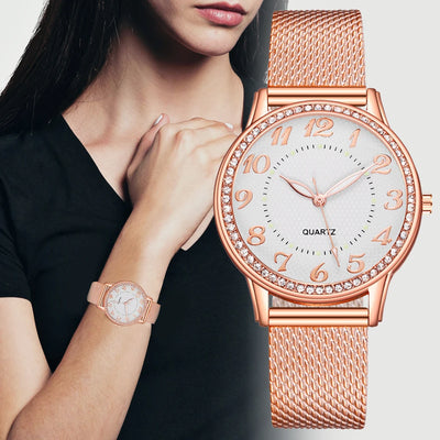 Damen Uhren Luxus Mesh-Armband Roségold Intarsien Kristall Mode Neu