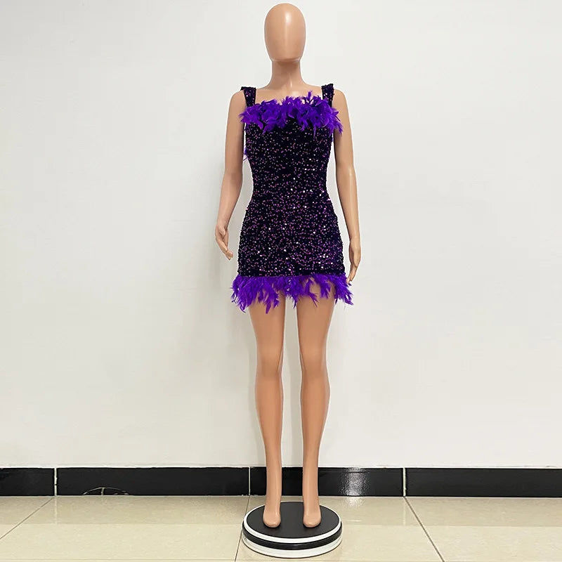 Damen Partykleid Ärmellos Glänzende Pailletten Feder Abendkleid Sexy schulterfrei rückenfrei Mini Formelle Ballkleider HXY8