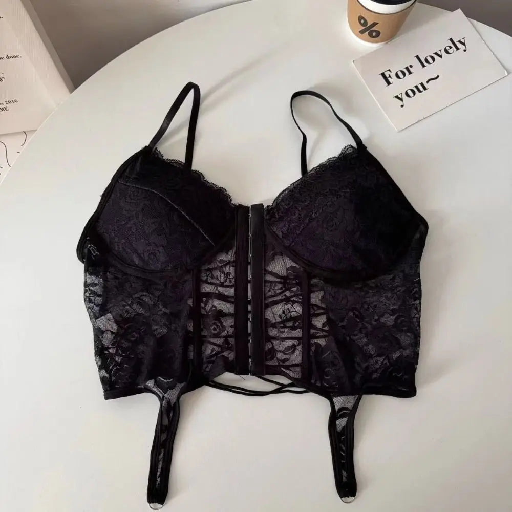 V-Neck Sexy Lace Corset Top Slim Fit Push Up Hollow Suspender Vest Adjustable Straps Off Shoulder Breathable Mesh Vest Travel