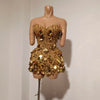 Sparkly Gold Rhinestone Sequins Sexy Strapless Mesh See Through Mini Dress Women Eveing Birthday Party Nightclub Stage Costume